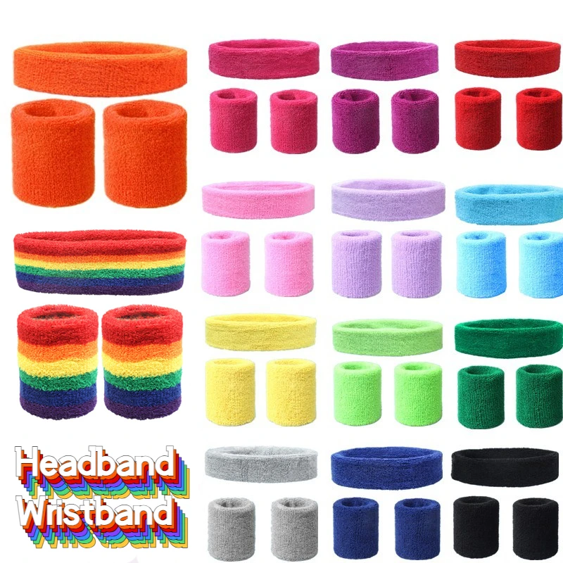 Sweat Band Wrist - แฟชั่นกีฬาแถบคาดศีรษะและสายรัดข้อมือผ้าเช็ดตัวชุด Sweatband ผ้าฝ้ายสายรัดข้อมือ Bracers สําหรับผู้หญิงผู้ชายขี่จักรยานยิมบาสเกตบอลเทนนิส